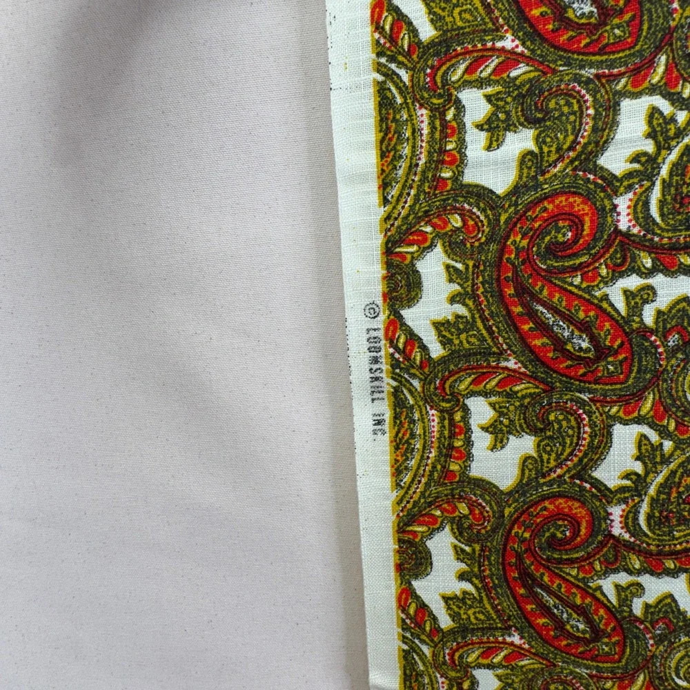 Loomskill Vintage Paisley Fabric 1 Yard Orange Green Retro Boho Mid Century